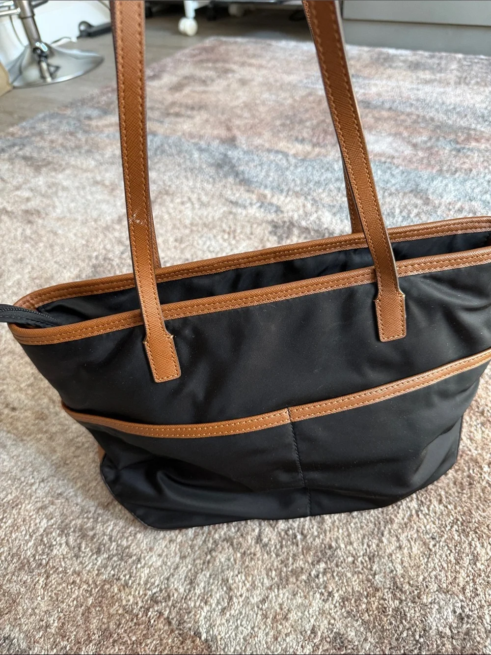 Michael Kors Black Tote with Brown Leather Trim and Gold Hardware